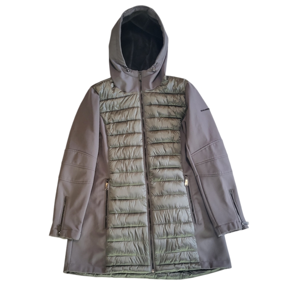 BCBGeneration Large Women Gray Puffer Nylon Coat Jacket Hooded Zipper Chic NWOT
